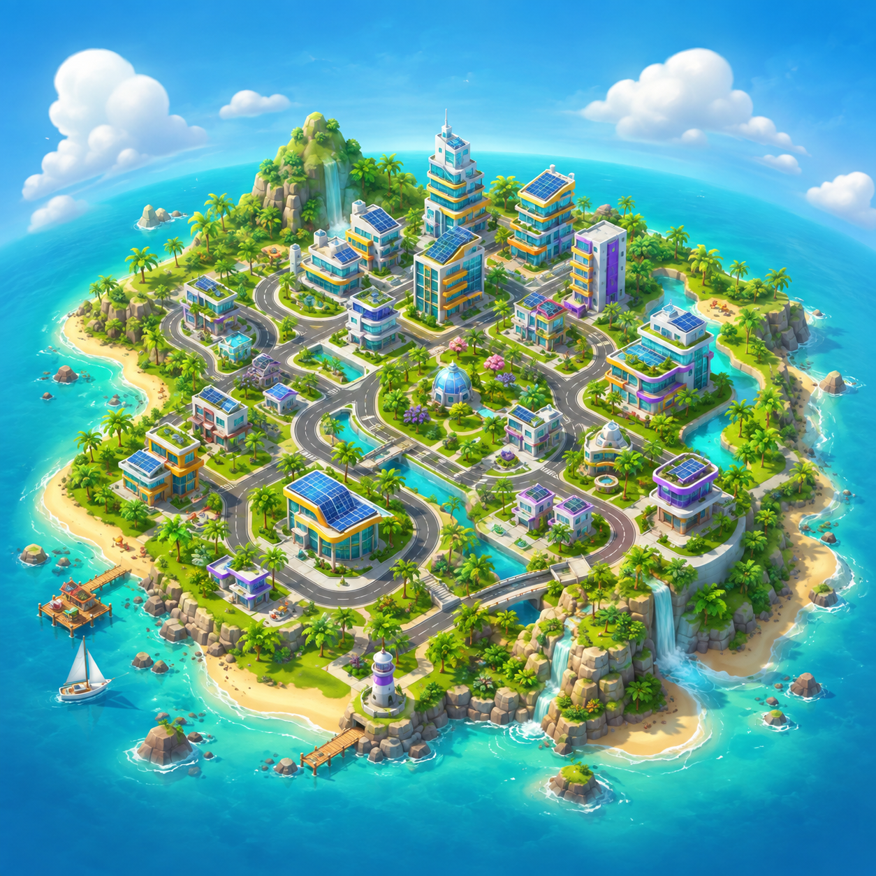 A bright tropical island city with parks, roads and solar panels